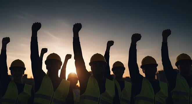 Construction Workers Silhouette Raising Fists at Sunset - Unity and Protest