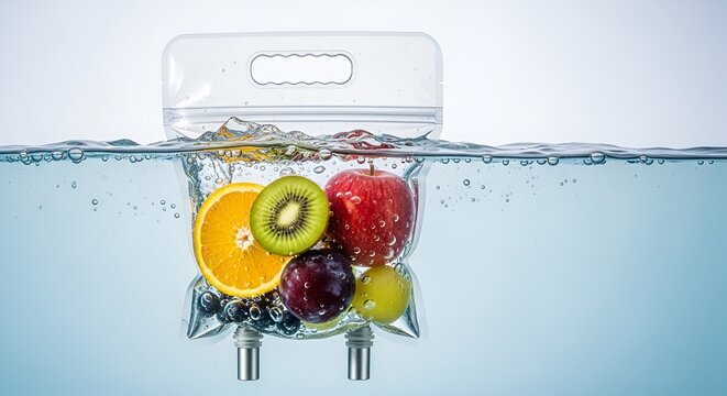 Healthy IV Drip Bag Filled With Fresh Fruits Submerged in Water