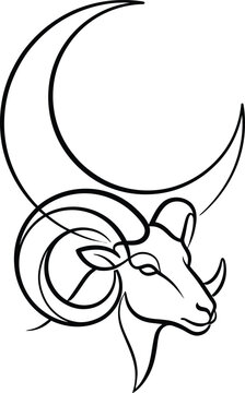 Elegant continuous line art illustration of an Aries zodiac rams head with a crescent moon perfect for astrology spiritual designs or tattoo concepts