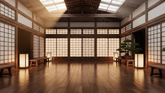 Traditional Japanese dojo interior with polished wooden floors, shoji screen walls, and bonsai trees. Warm sunlight rays stream from skylights into the empty martial arts hall.