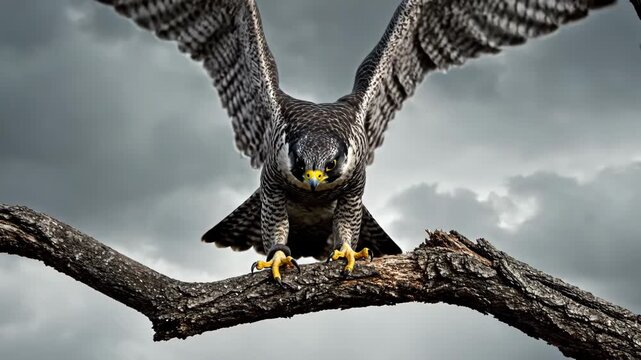 A Peregrine falcon (Falco peregrinus) in mid-flight swooping down to land on a bare tree branch with talons extended and wings spread wide against a moody overcast sky.