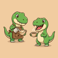 Two cute cartoon dinosaurs enjoying coffee together one pouring and the other happily drinking on a light brown background. © Arviz