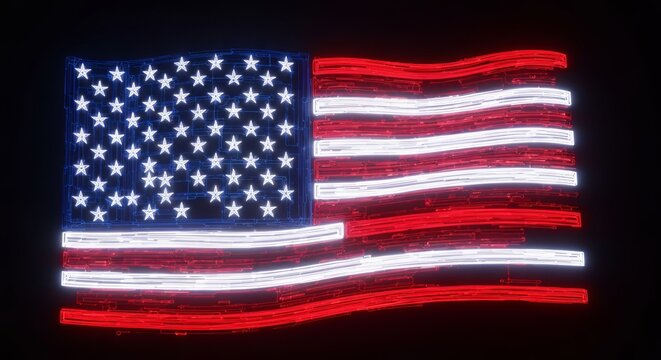 A Stunning Neon United States Flag Design with Bold Vivid Colors and Brilliant Illuminated Stripes