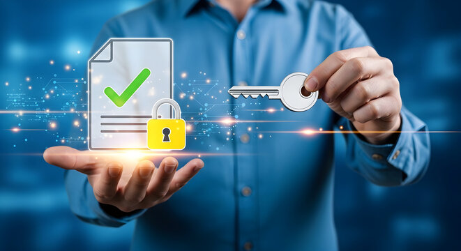 Man holding document with green checkmark and key in hand for security