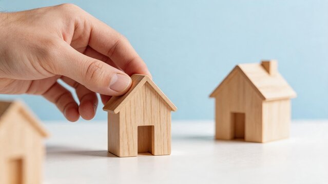Hand placing small wooden house model on white table, real estate investment and property management concept, home buying selling mortgage insurance or construction planning idea