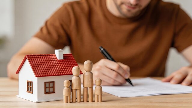 Man signing legal document for home purchase, family wooden figures and miniature house model on table, real estate investment concept, mortgage agreement or property insurance