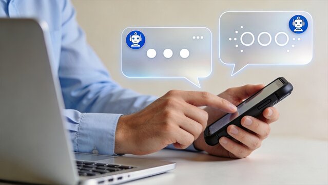 Businessman using smartphone with chatbot interface, artificial intelligence conversation concept, digital assistant messaging on mobile device screen, automated customer support