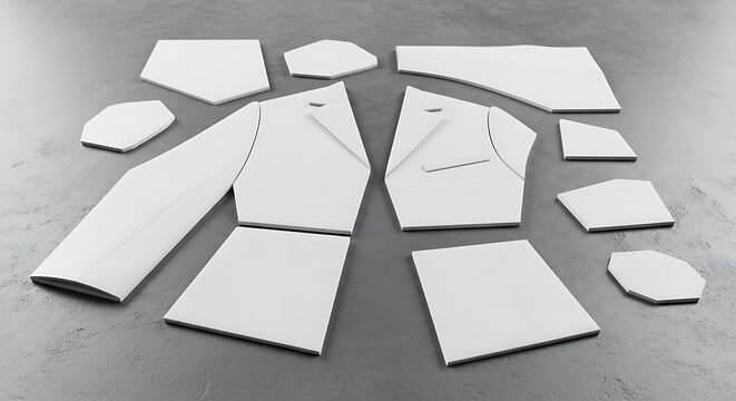 Tailoring fabric pattern pieces laid out for a suit jacket construction on a grey surface, high resolution image
