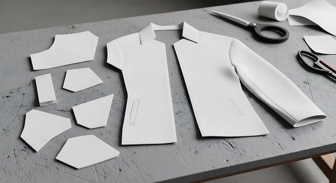 Clothing sewing patterns laid out on a workshop table with scissors and fabric pieces for fashion design projects high resolution image