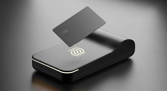 Contactless payment card hovering over a modern black card reader terminal on a dark background, high resolution image
