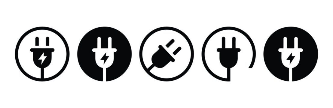 Electric plug and charging icons, vector set of power, battery, and charging symbols inside circular frames for mobile apps, digital interfaces, energy systems, and modern technology UI design