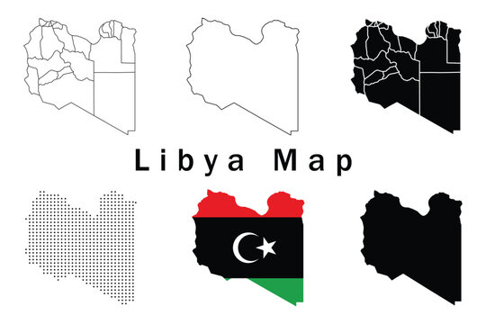 Libya Map Vector Collection Featuring Solid Silhouette, Editable Outline, Administrative Border, Flag Map, and Halftone Dot Pattern Design Isolated on White Background