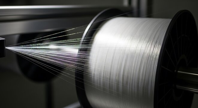 Industrial fiber spool spinning on a manufacturing machine in a textile factory setting with motion blur, high resolution image