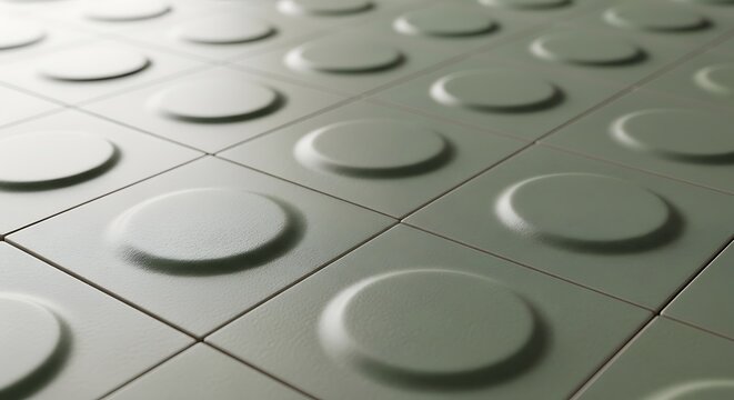 Tactile paving tiles with circular patterns on a sidewalk surface providing accessibility for visually impaired people in an urban environment high...