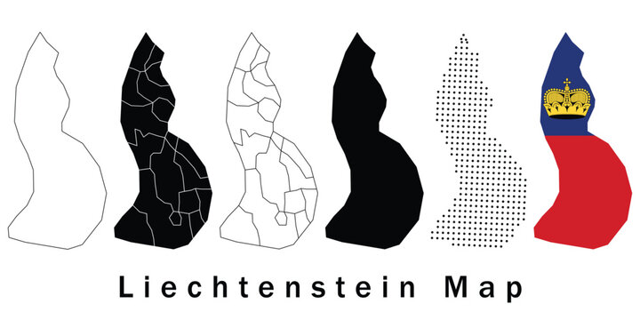 Liechtenstein Map Vector Collection Featuring Solid Silhouette, Editable Outline, Administrative Border, Flag Map, and Halftone Dot Pattern Design Isolated on White Background