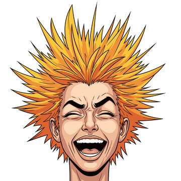 Energetic Laughing Man with Exploding Orange Hair