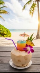 Obraz premium A refreshing tropical cocktail served in a coconut on a wooden table at a beach with palm trees.