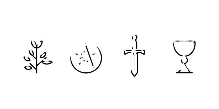 Minimalist hand drawn four tarot suits symbols icons set including pentacle sword goblet and wand vector illustration on white background