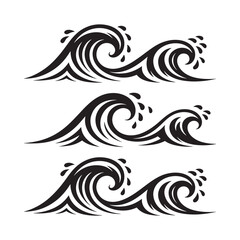 Fototapeta premium Three black and white stylized wave shapes on white background