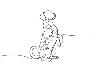 Fototapeta premium A playful dog sits on its hind legs with paws up while looking to the side in a minimalist line art style