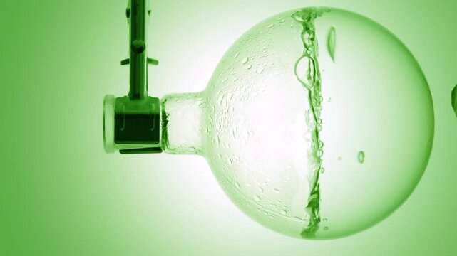 Close-up shot of bubbles developing and traveling upward through crystal-like liquid boiling in a round-bottom flask condensing on it's walls on green ramp background