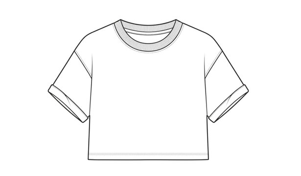 Unisex crop T shirt technical flat vector template with relaxed boxy silhouette