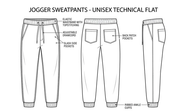 Jogger sweat pants technical flat vector template with front side and back CAD views