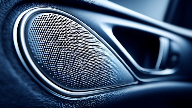 Close-up of Premium Car Audio Speaker Grille Featuring Intricate Mesh Pattern in a Modern Vehicle Interior with Soft Black Leather Surrounding