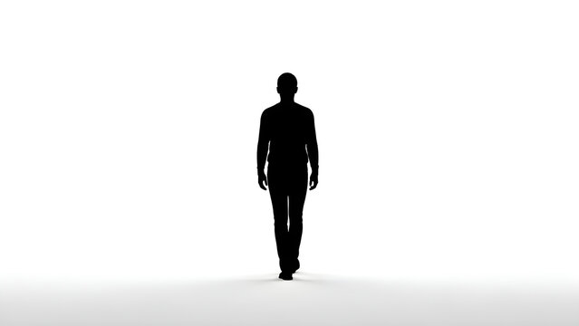 A silhouette of a man in a suit walks forward on a plain surface.