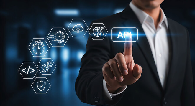 Businessman pressing API button on virtual screen for software development integration
