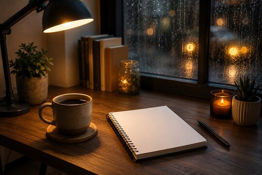 Cozy desk setup with a cup of coffee, notebook, and lamp by a rainy window at night, creating a warm and inviting atmosphere for work or relaxation.