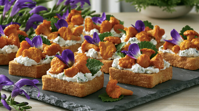 Gourmet chanterelle mushroom crostini appetizers with cream cheese and purple edible flowers