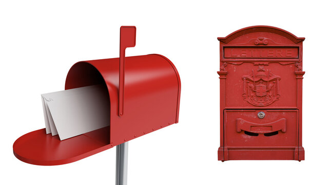 Red mailbox with open door revealing mail and antique red mail slot old fashioned post office postal service mail carrier white background delivery