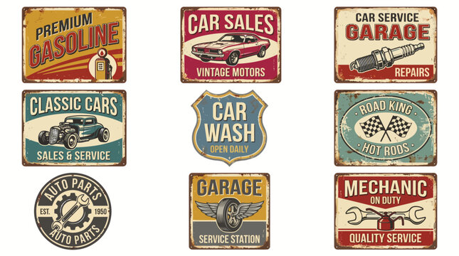 Collection of Vintage Car and Automotive Service Metal Signs for Garage Decor
