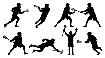 Naklejka premium Dynamic silhouettes of lacrosse players captured in various intense action poses, illustrating athleticism, skill, and the competitive spirit of the sport
