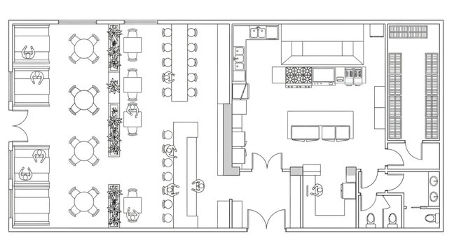 Floor plan of a restaurant layout with dining areas and kitchen facilities