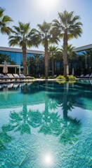 Fototapeta premium A refreshing swimming pool with palm trees reflecting in the clear blue water under a bright sunny sky.
