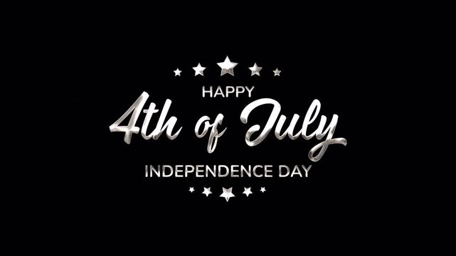 Silver metallic typography with white stars on black background, perfect for holiday greeting cards for independence day celebrations. Suitable for festive designs.