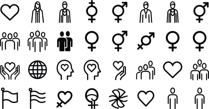 Minimalist Equality and Gender Identity Line Icon Set Featuring Transgender Symbols Diverse Avatars Hearts Flags and Community