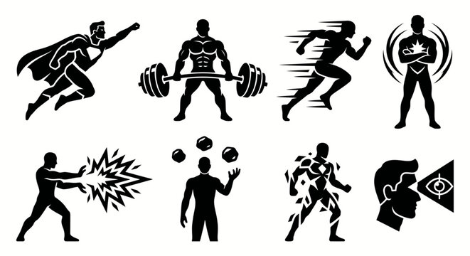 Dynamic collection of superhuman abilities and heroic attributes showcasing strength, speed, and extraordinary powers