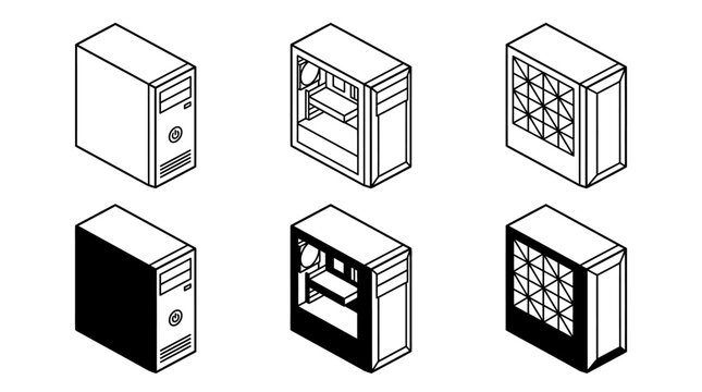 Isometric Set of Desktop Computer Tower Cases and PC Hardware Designs Collection for Digital Technology