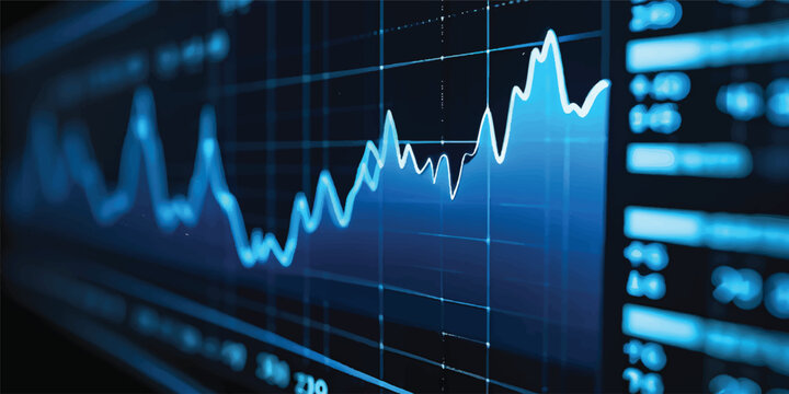 A blue medical monitor displays a sharp ECG heartbeat line transforming into a rising stock market chart, seamlessly blending health technology with business growth illustration