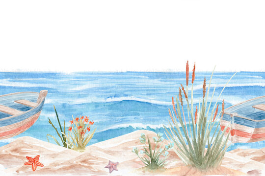 Watercolor seamless coastal landscape border with ocean waves, sandy dunes, beach grasses and rowing boat. Hand painted seaside panorama for wallpaper, textile, branding, packaging and summer decor