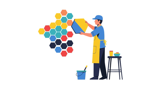 Professional painter applying colorful geometric patterns on wall.