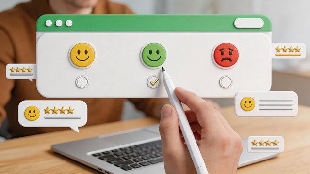 Customer satisfaction survey feedback form with smiley face rating scale, user experience evaluation, service quality review stars, positive and negative emotion icons, digital