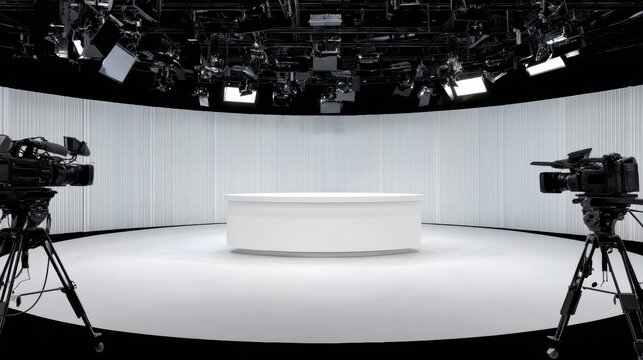 Futuristic TV studio with curved white stage, broadcast cameras and professional lighting equipment. Minimalist newsroom interior for television production and live streaming