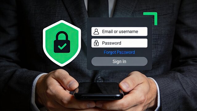 Secure login interface on mobile phone screen with password fields and shield icon, cybersecurity protection and data safety concept.