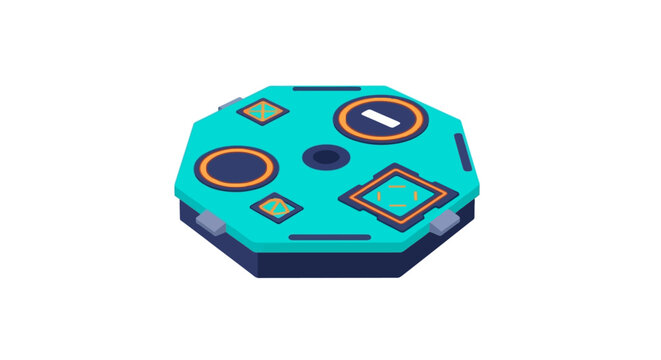 Futuristic octagonal control panel with colorful buttons and dials.