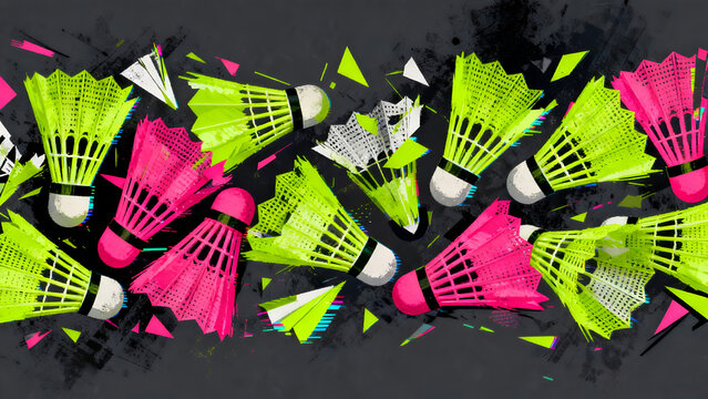 Abstract 3D illustration of neon green and pink badminton shuttlecocks with grunge splatter elements on dark gray background sports concept.