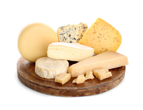 Plate with different types of cheese isolated on white background